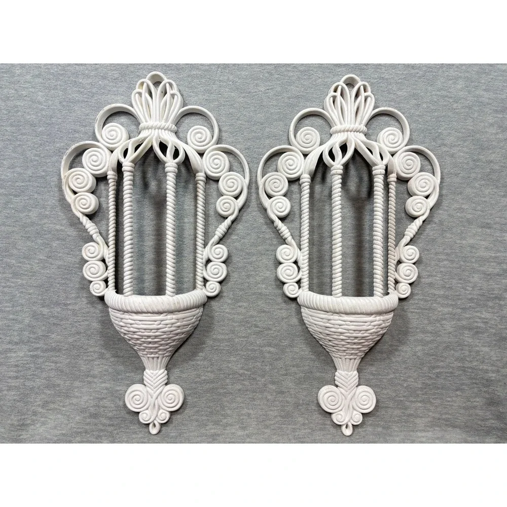 Vintage White Syroco Style Wall Pocket Planter Pair Hollywood Regency Scroll
